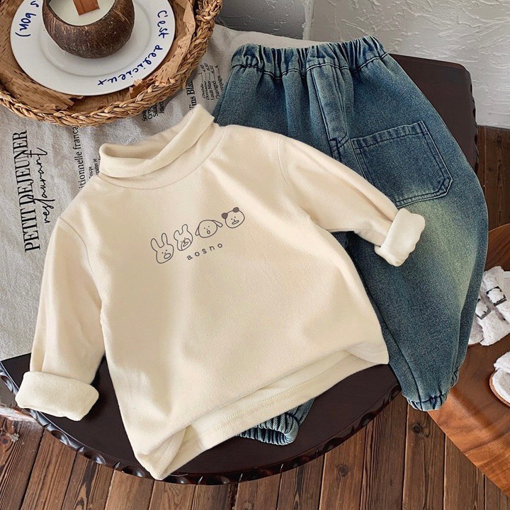 TE477- Áo giữ nhiệt cổ 5 phân cho bé Hokiha Kids chất bozip lông mềm mại, ấm áp hoạ tiết hoạt hình đáng yêu size 8-17kg