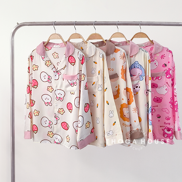 Đồ ngủ pijama mặc nhà dài tay lụa mango hoạ tiết dễ thương THOCA HOUSE bộ ngủ hoạt hình tay dài quần dài mát mẻ