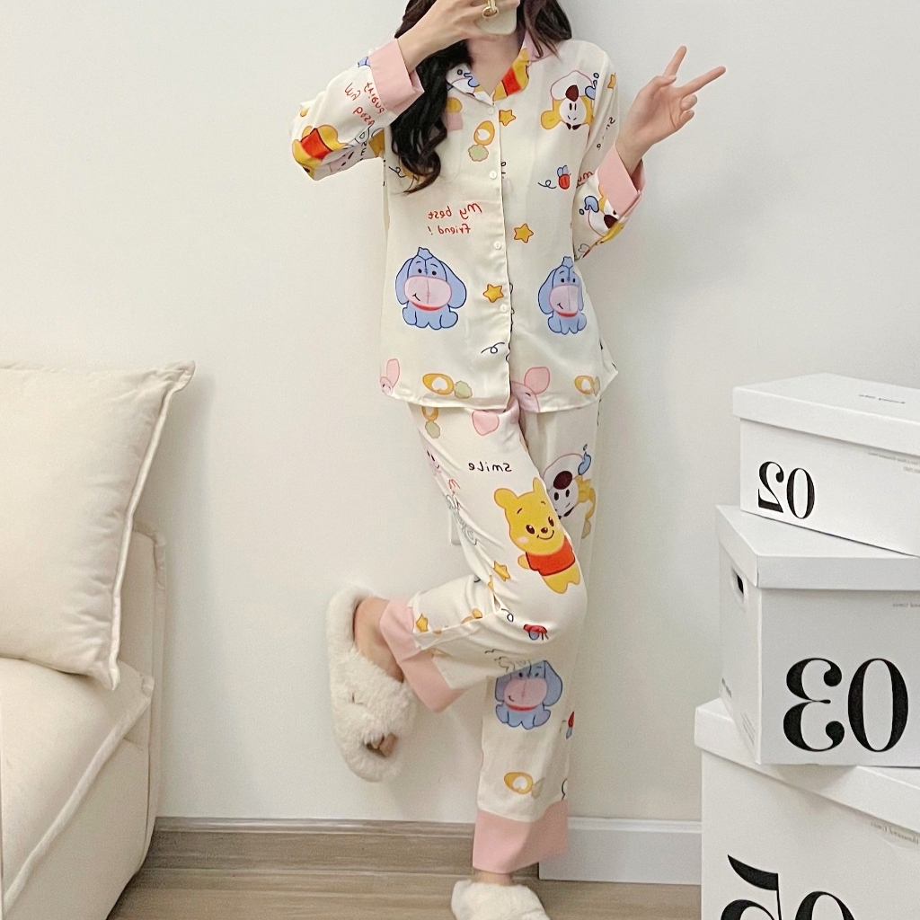 Đồ ngủ pijama mặc nhà dài tay lụa mango hoạ tiết dễ thương THOCA HOUSE bộ ngủ hoạt hình tay dài quần dài mát mẻ