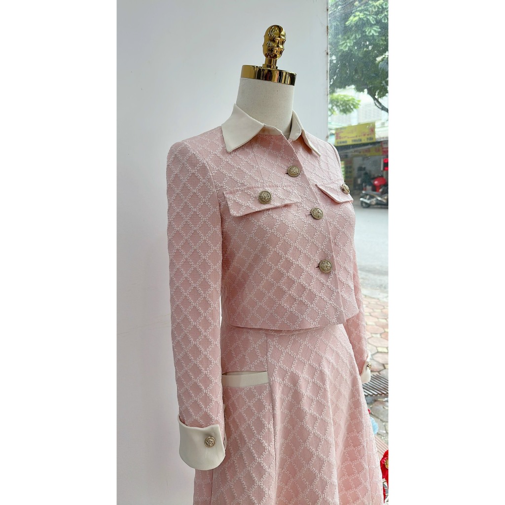 set dạ tweed hồng dự tiệc sang chảnh gấm xốp thiết kế cao cấp tôn dáng trẻ trung Tahe V396