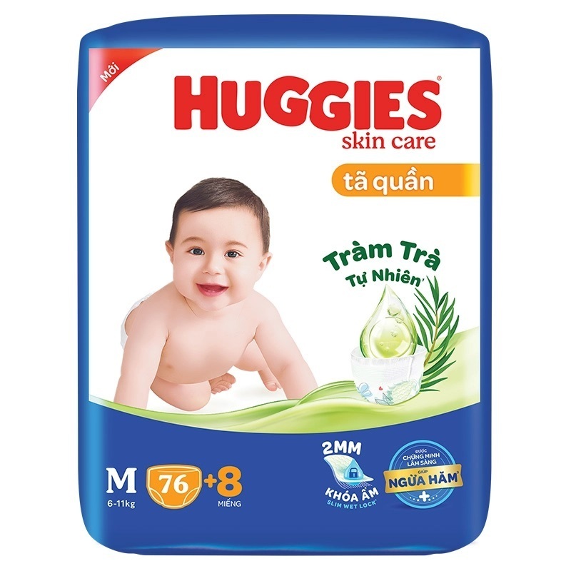 Tã/bỉm quần HUGGIES skin care tràm trà tự nhiên ngừa hâm M76+8 , L68+8 , XL60+8 , XXL54+8