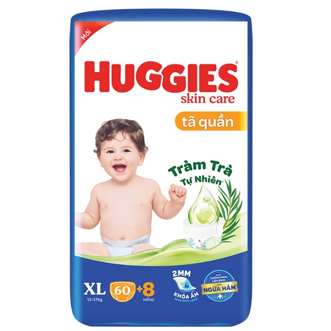 Tã/bỉm quần HUGGIES skin care tràm trà tự nhiên ngừa hâm M76+8 , L68+8 , XL60+8 , XXL54+8