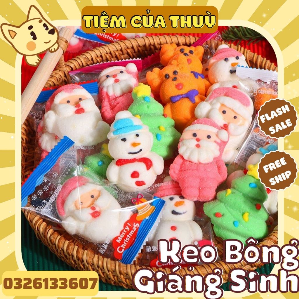 Kẹo Dẻo Bông Đường Noel, Kẹo Bông Gòn Trang Trí Giáng Sinh, Kẹo Marshmallow Cây Thông Tiệm Ăn Vặt Thuỳ Bùi