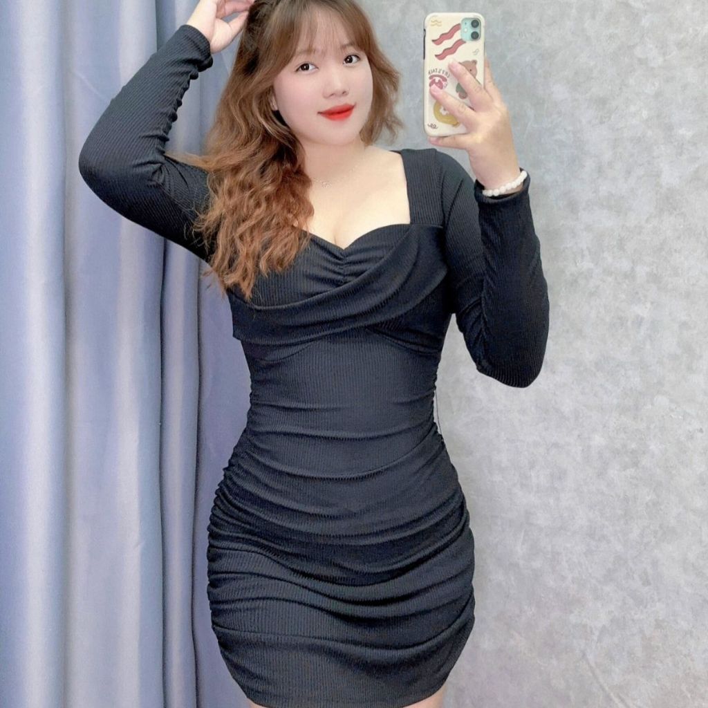Đầm Body Bigsize Nhún Ngực Cổ Nữ Hoàng Tay Dài Tôn Dáng xếp ly sang chảnh tôn dáng siêu hot cho Chuppy  G73