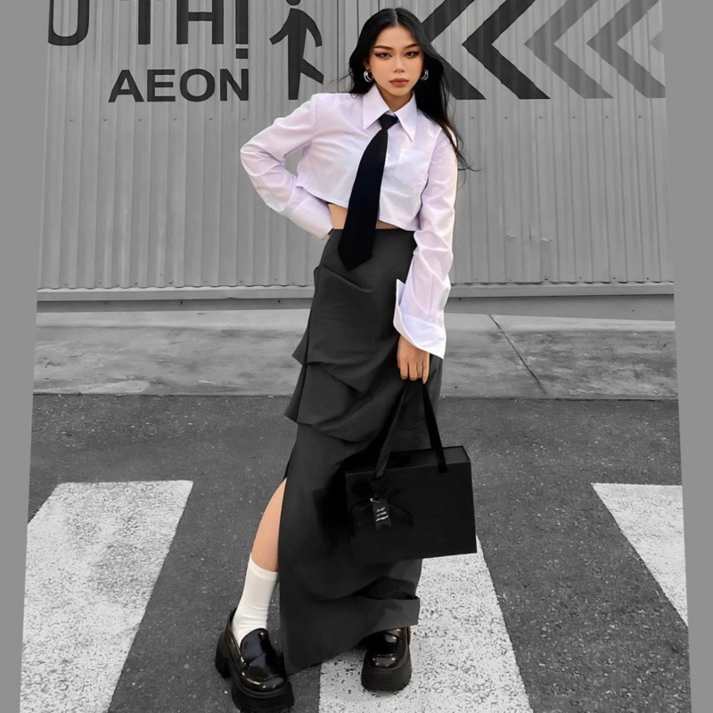 𝐃𝐦𝐚𝐧𝐡 - V6 Chân váy xẻ tà dích dắc chất kaki lụa mềm mỏng mát siêu dài 100cm màu xám đậm