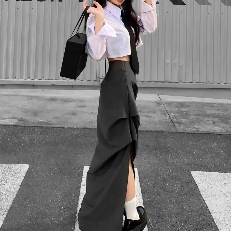 𝐃𝐦𝐚𝐧𝐡 - V6 Chân váy xẻ tà dích dắc chất kaki lụa mềm mỏng mát siêu dài 100cm màu xám đậm