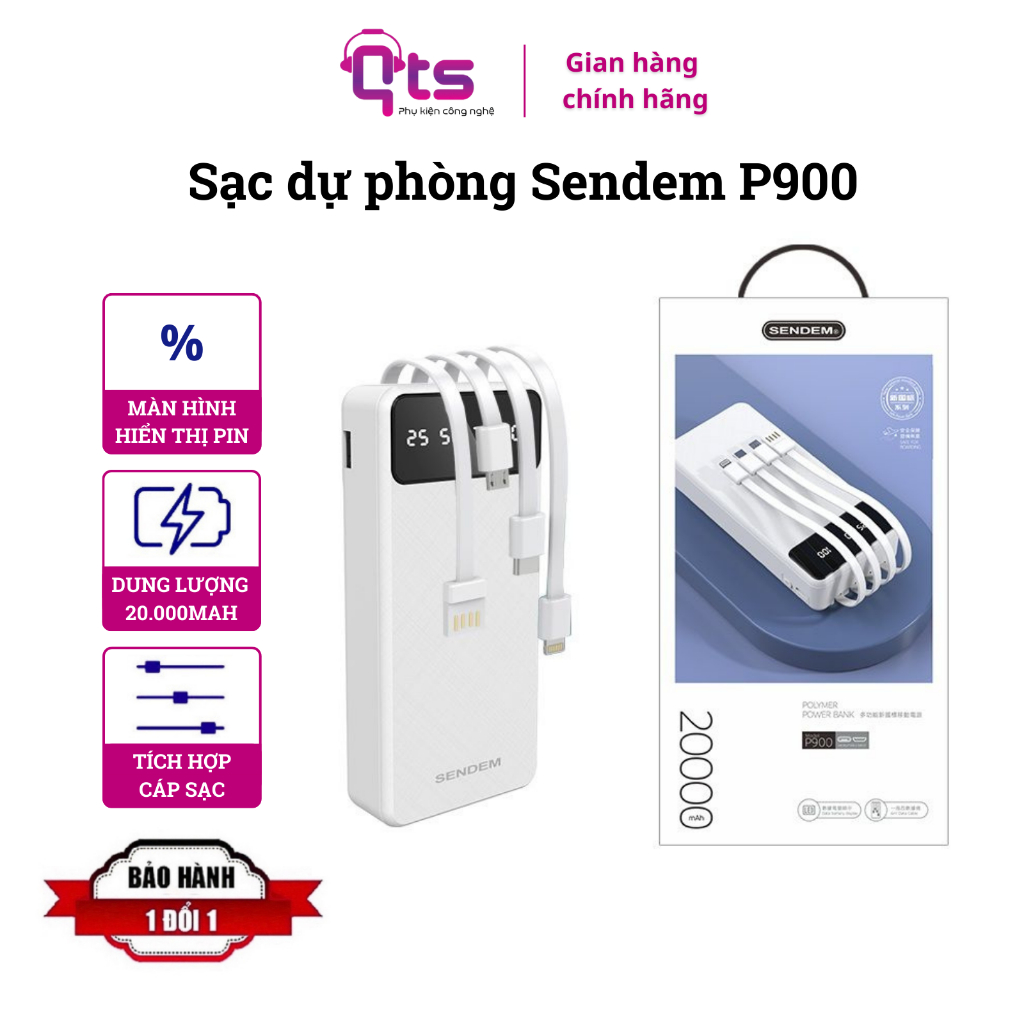 Sạc Dự Phòng Sendem P900, Chính Hãng QTS, Dung Lượng 20000mAh, Tích Hợp 4 Loại Cáp Sạc