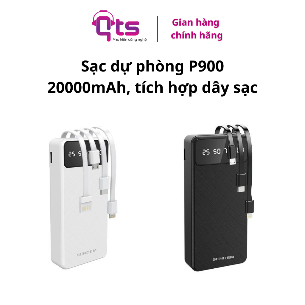 Sạc Dự Phòng Sendem P900, Chính Hãng QTS, Dung Lượng 20000mAh, Tích Hợp 4 Loại Cáp Sạc