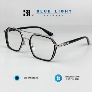 Gọng Kính Cận, Kính Giả Cận Nam Nữ, Mắt Vuông Họa Tiết Chrome Heart Cao Cấp Tinh Sảo Đen, Trong Suốt - BLUE LIGHT