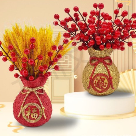 Set Bình Cắm Hoa Túi Tiền Resin May Mắn Kèm Cành Đào Đông Đỏ Và Lúa Mạch Vàng