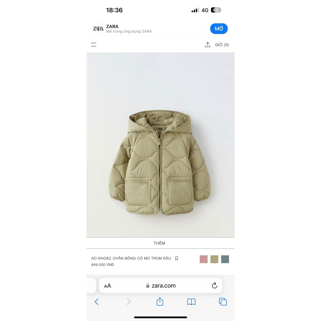 Áo phao trần bông siêu nhẹ có mũ zxr bé gái