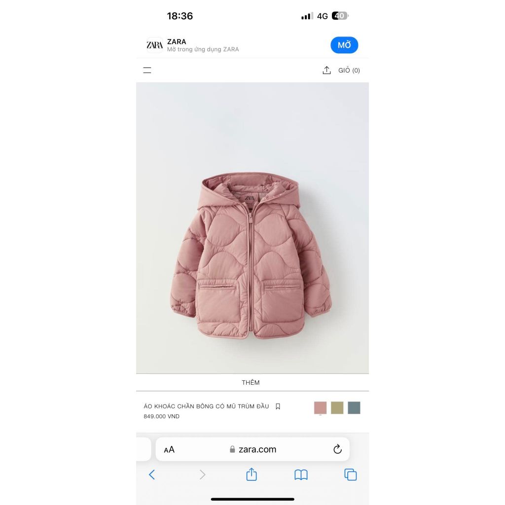 Áo phao trần bông siêu nhẹ có mũ zxr bé gái