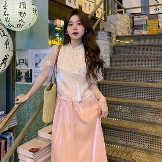  *Sét áo kèm chân váy có lót thời trang nữ chất liệu Voan Ánh Tơ cao cấp áo cổ Tàu nút mây tay ngắn in hoa váy dài xoè 
