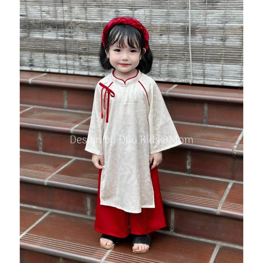 Áo dài cách tân bé gái set 3 món kèm mấn đỏ y hình, áo dài tết cho bé gái có ảnh thật size 10-30kg