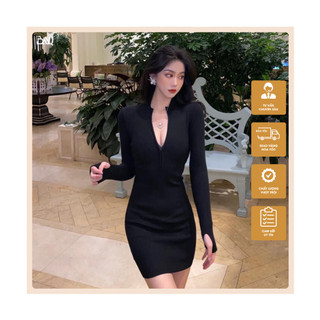 Đầm body nữ dài tay, váy ôm body nữ sexy cổ V có khóa kéo tôn dáng D04
