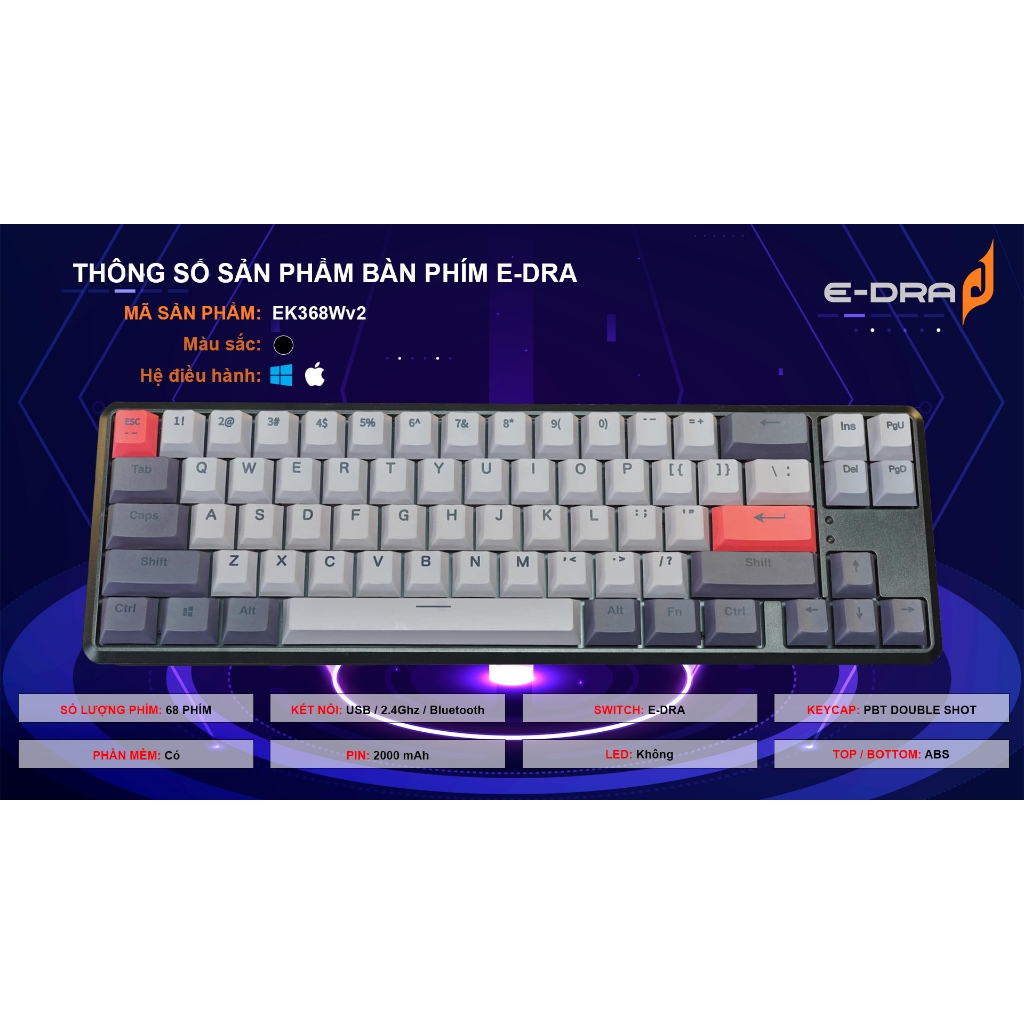 Bàn phím gaming, bàn phím máy tính cơ chơi game không dây E-dra EK368w v2 E-Dra Brown / Red Switch - Hàng chính hãng