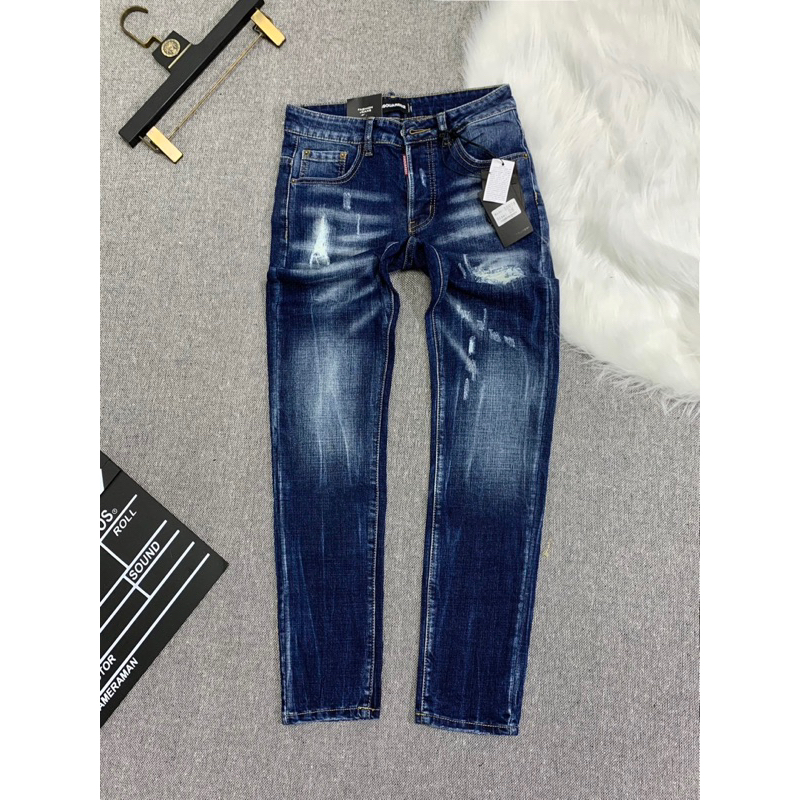 Quần jean bò nam Dsq2 slimfit xanh đậm loang sóng bạc rách xước nhăn 3D in chữ ICON sau đùi 4 cúc QJ394P