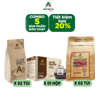 COMBO 05 SP CÀ PHÊ AEROCO_02 TÚI A8 250G + 02 TÚI BLEND 250G + 01 HỘP CF PHIN GIẤY 120G