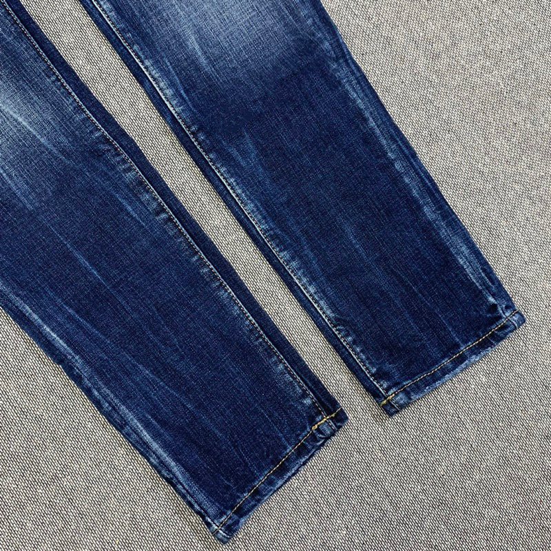 Quần jean bò nam Dsq2 slimfit xanh đậm loang sóng bạc rách xước nhăn 3D in chữ ICON sau đùi 4 cúc QJ394P