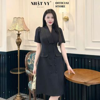 Đầm dự tiệc cổ vest Nhật Vy dáng xoè đính nút bọc chất linen sọc gân phù hợp công sở đi chơi cafe sang chảnh - D2888