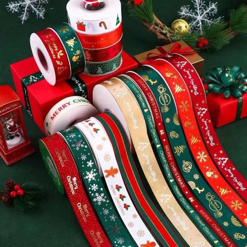 Cuộn duy băng chữ chúc mừng năm mới,noel dài 50m ,rộng 2,5cm,trang trí giỏ quà Tết