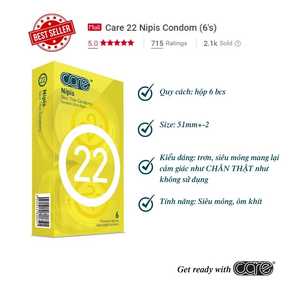 Bao cao su siêu mỏng CARE 22 Nipis mỏng trơn truyền nhiệt tốt, tăng cường gel bôi trơn