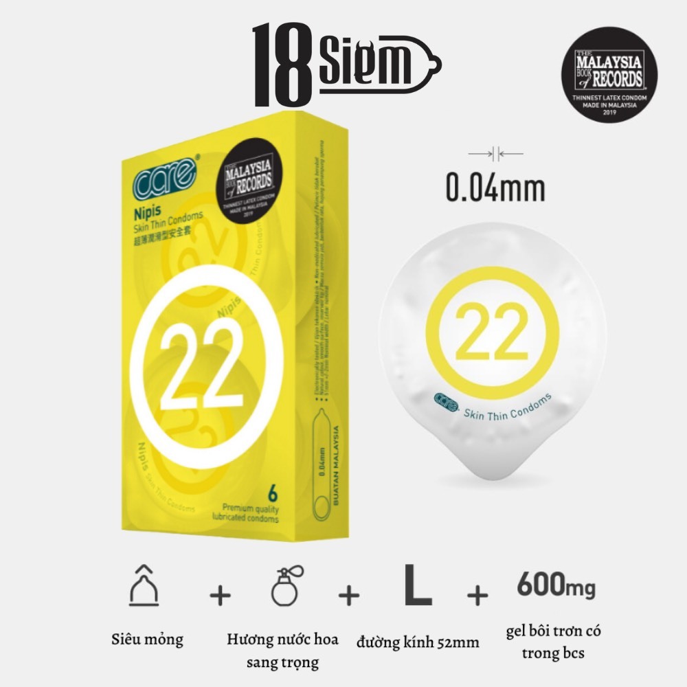Bao cao su siêu mỏng CARE 22 Nipis mỏng trơn truyền nhiệt tốt, tăng cường gel bôi trơn