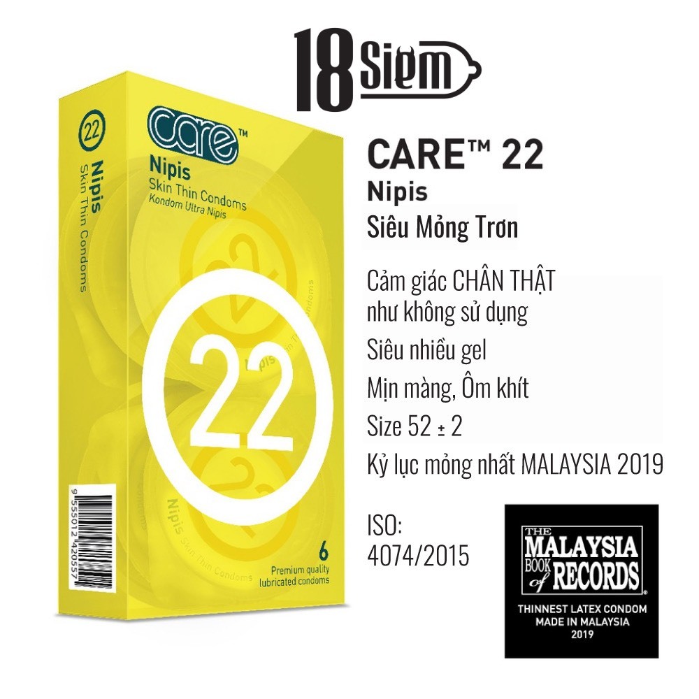 Bao cao su siêu mỏng CARE 22 Nipis mỏng trơn truyền nhiệt tốt, tăng cường gel bôi trơn