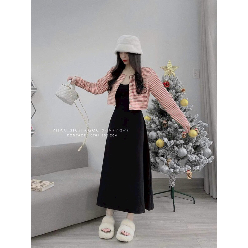 *NoEL em mặc gì ?Hót sét áo Bố Kim Cương kèm đầm dài thời trang nữ  chất liệu Gân lạnh áo cổ tròn tay dài cài nút Váy ôm