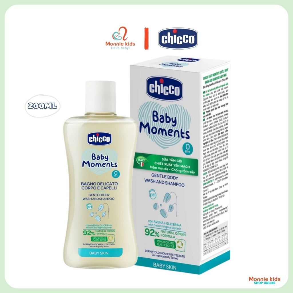 Sữa Tắm Cho Bé CHICCO 0m+ 200ml, sữa tắm yến mạch cấp ẩm và làm mềm tóc bé - Monnie Kids