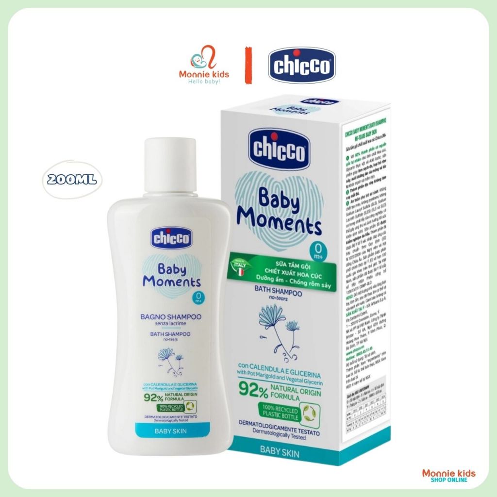 Sữa tắm gội cho bé CHICCO 0m+ 200ml, sữa tắm gội hoa cúc dưỡng ẩm làm mềm da - Monnie Kids