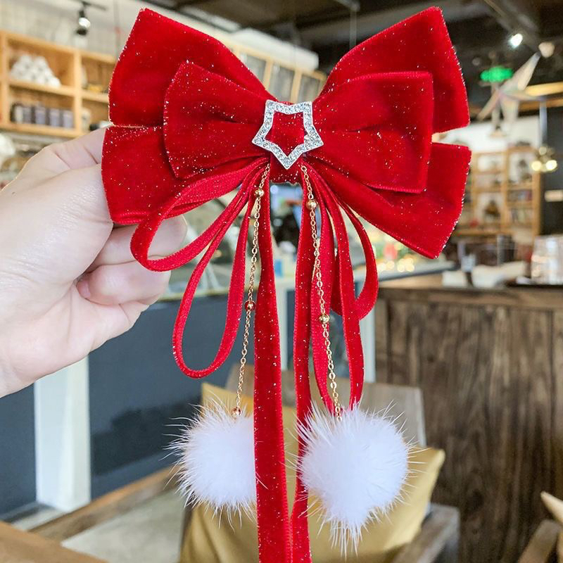 Kẹp tóc nơ đỏ nổi bật cho bé phong cách vintage Hàn Quốc siêu dễ thương phụ kiện Noel Giáng Sinh/Năm Mới