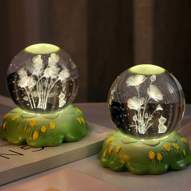Đèn ngủ 3d quả cầu pha lê phát sáng có hình hoa văn bên trong siêu xinh, gồm đế+quả cầu, decor nhà cửa quà tặng lưu niệm