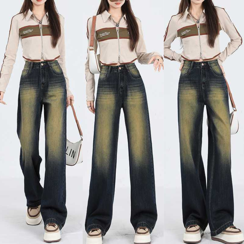 Quần Jean Ống Suông Rộng Nữ MIAA Lưng Cao chất jean dày dặn, quần bò ống suông nữ cạp cao Phong Cách Retro