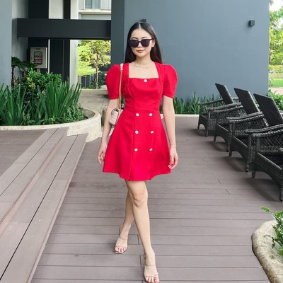 Đầm dự tiệc cổ vuông 7 nút vải bố gấm sang trọng Callene (L1767)