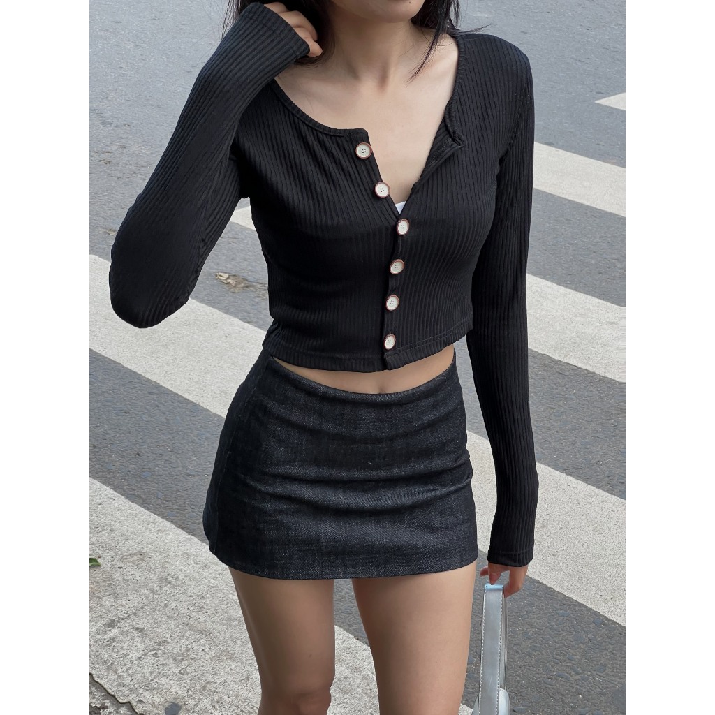 Áo croptop nữ tay dài HHVINTAGE kiểu cardigan nút cài thun co giãn TOP A50