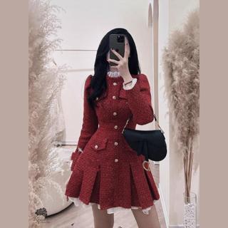 Váy dạ dự tiệc cổ tròn dài tay phối xoan sang trọng váy mùa đông đầm thiết kế Vivian clothing D24