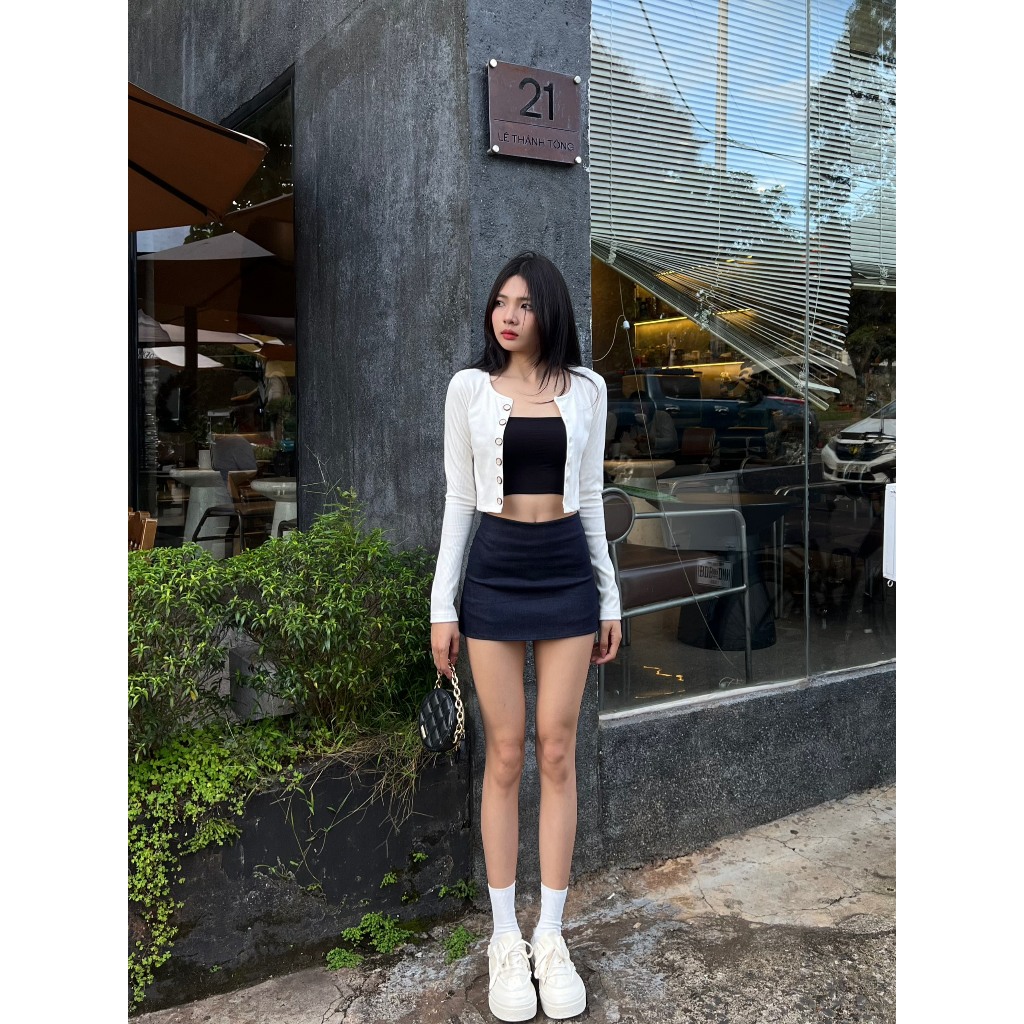 Áo croptop nữ tay dài HHVINTAGE kiểu cardigan nút cài thun co giãn TOP A50