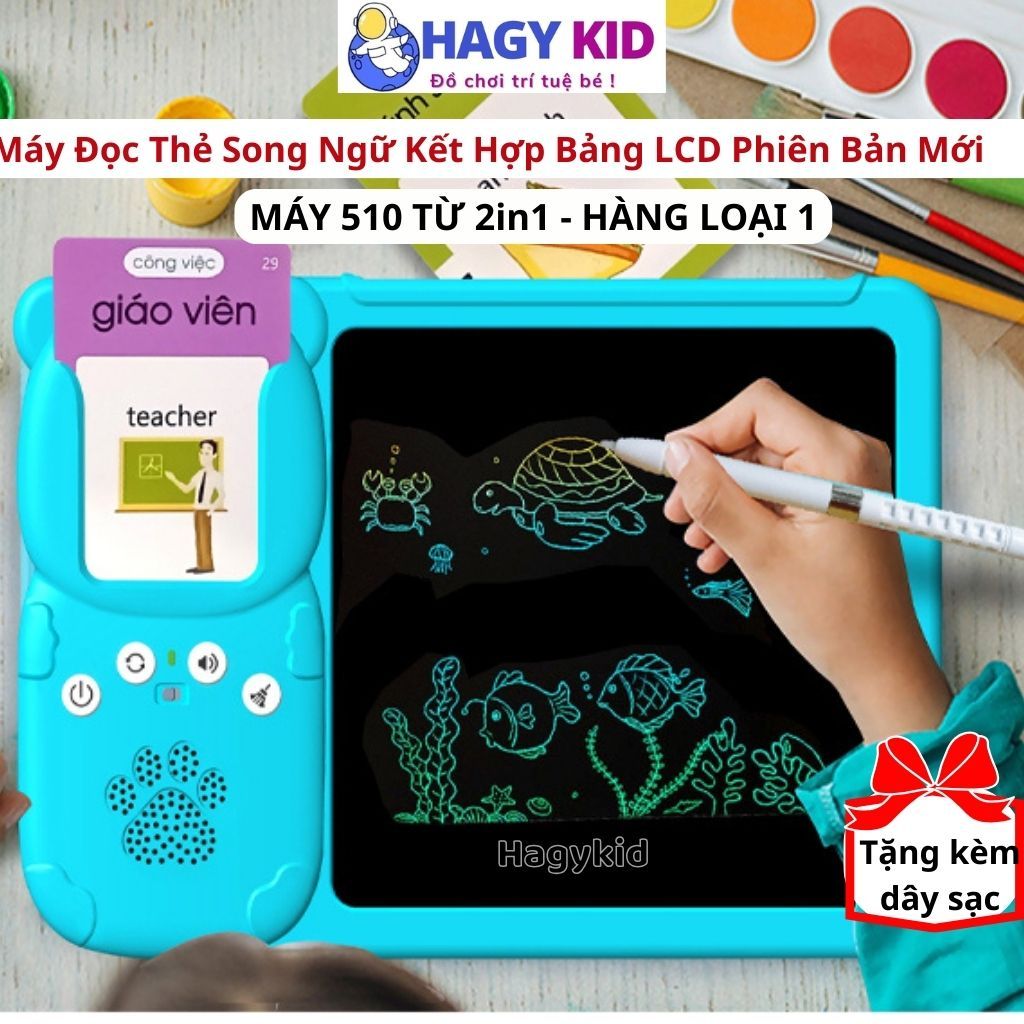 Máy Đọc Thẻ Flashcard Song Ngữ Anh Việt Kết Hợp Bảng Viết Tự Xóa Thông Minh LCD Hagykid - Máy đọc viết thông minh