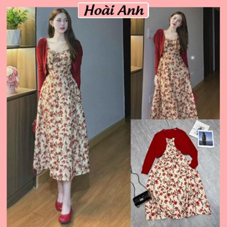 Set Váy Noel Tết Nhung Tăm Hoa Đỏ Đầm Hoa 2 Dây Dáng Dài Mix Áo Cadigan Đỏ Dáng Ngắn Freesize