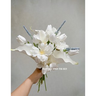 Bó Hoa cưới cầm tay cô dâu hoa Rum hoa Calla Lily lụa cao cấp phối cùng lá táo hoa điểm baby xinh xắn