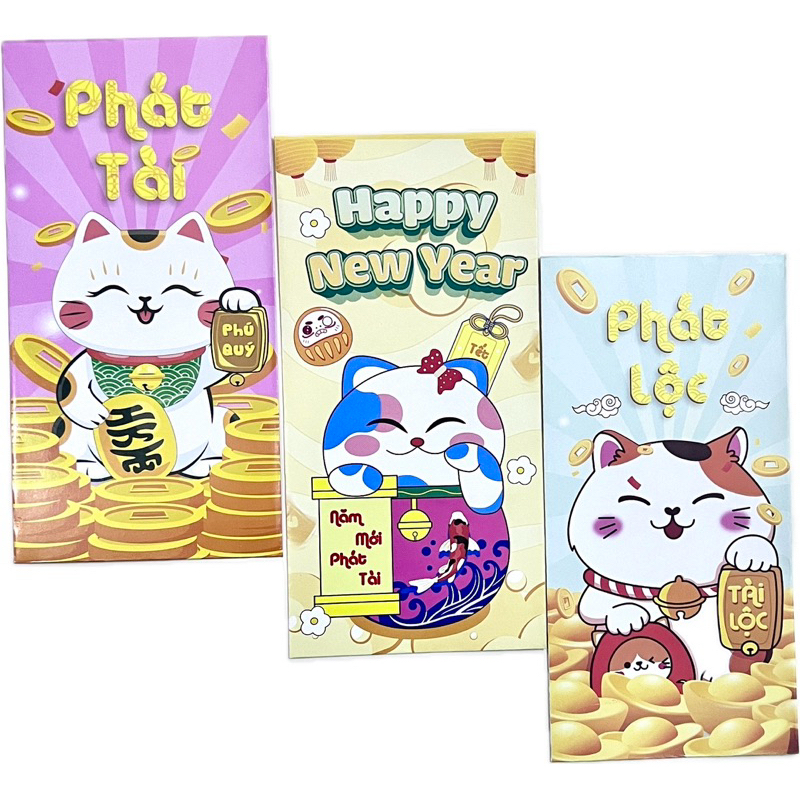 10 Bao Lì Xì Mèo Tài Lộc Chất Giấy Xịn Cứng Cáp loại To 8*16cm