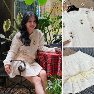 Set len xốp vặn thừng đính hoa nổi xinh xắn, Set áo len kèm chân váy xếp ly Hamela, hàng QC loại 1