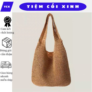 Túi cói lang thang to rộng đựng nhiều đồ đeo vai đi biển có dây kéo dáng thầy tu