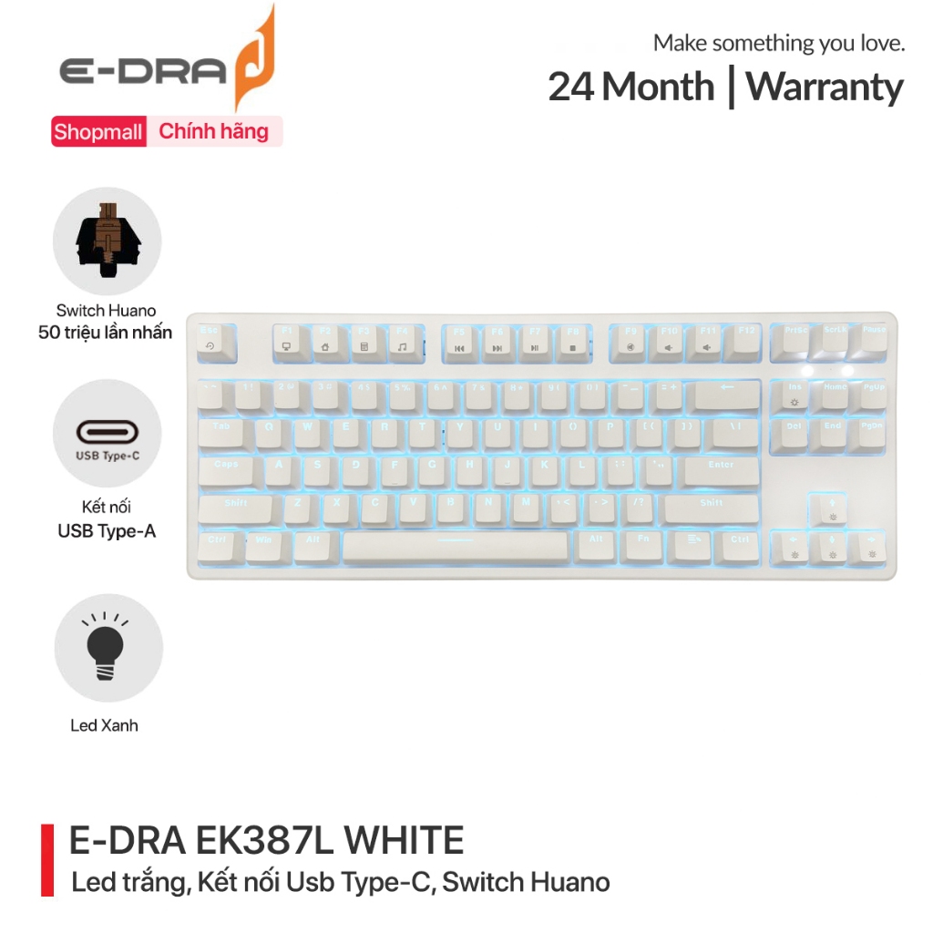 Bàn phím gaming, bàn phím máy tính cơ chơi game có dây E-Dra EK387L White Blue / Brown / Red Switch 