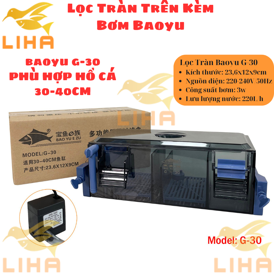 Lọc Tràn Trên Kèm Bơm Baoyu G-30 G-50 G-60 - Lọc Treo Kẹp Thành Bể Cá