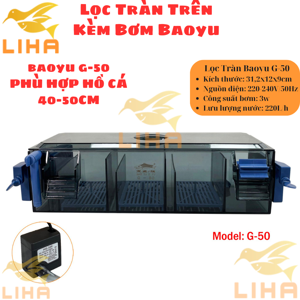 Lọc Tràn Trên Kèm Bơm Baoyu G-30 G-50 G-60 - Lọc Treo Kẹp Thành Bể Cá