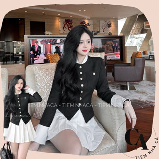 Set đồ nữ [Lucie set] áo vest cổ tàu đính cúc đồng kèm chân váy xếp ly dạ tweed trơn cao cấp có đệm vai Tiệm Nhà Cá