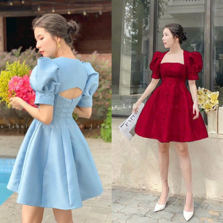 Đầm váy tafta xoè phồng tay bồng khoét hở lưng nút bọc thời trang nữ thiết kế sang trọng dự tiệc party sinh nhật event