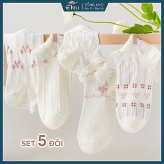 Tất vớ nữ set 5 đôi cổ bèo tiểu thư xinh xắn, chất liệu cotton dệt co giãn 4 chiều - Ekiu Shop